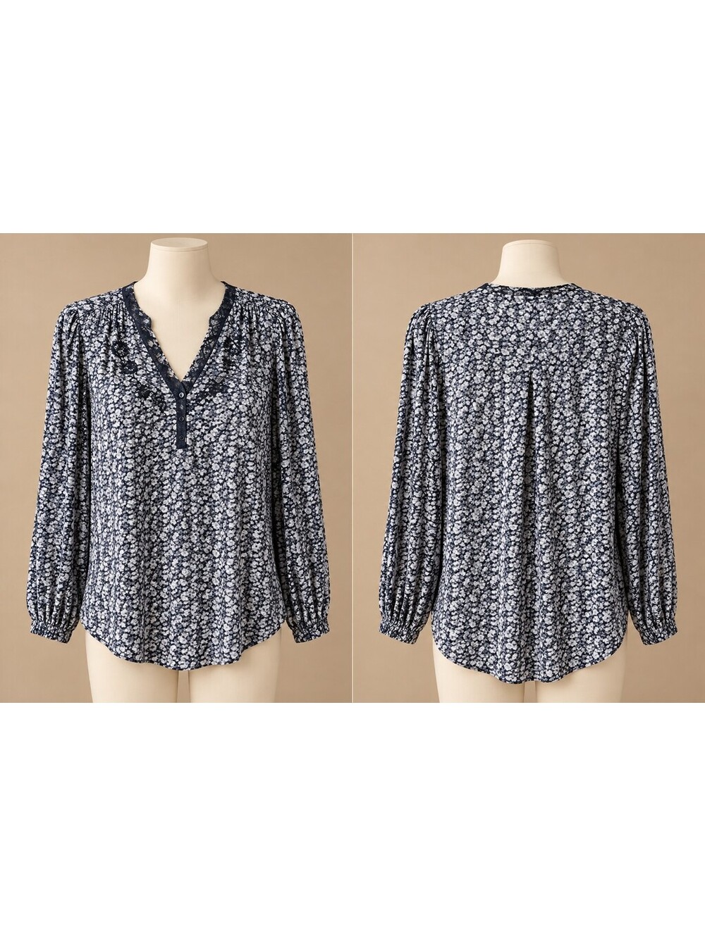 Lucky Brand Women’s Black Gray White Print Lace Trim Blouse XL